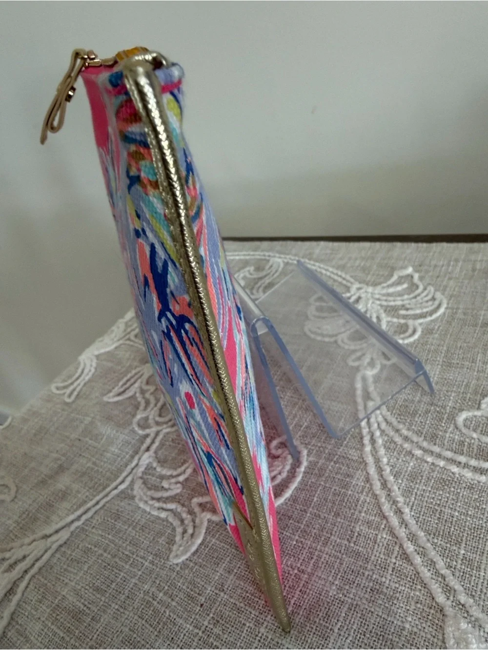 Lilly Pulitzer Pink Tropical Palm Pattern Top Zip Case with Gold Tone Trim